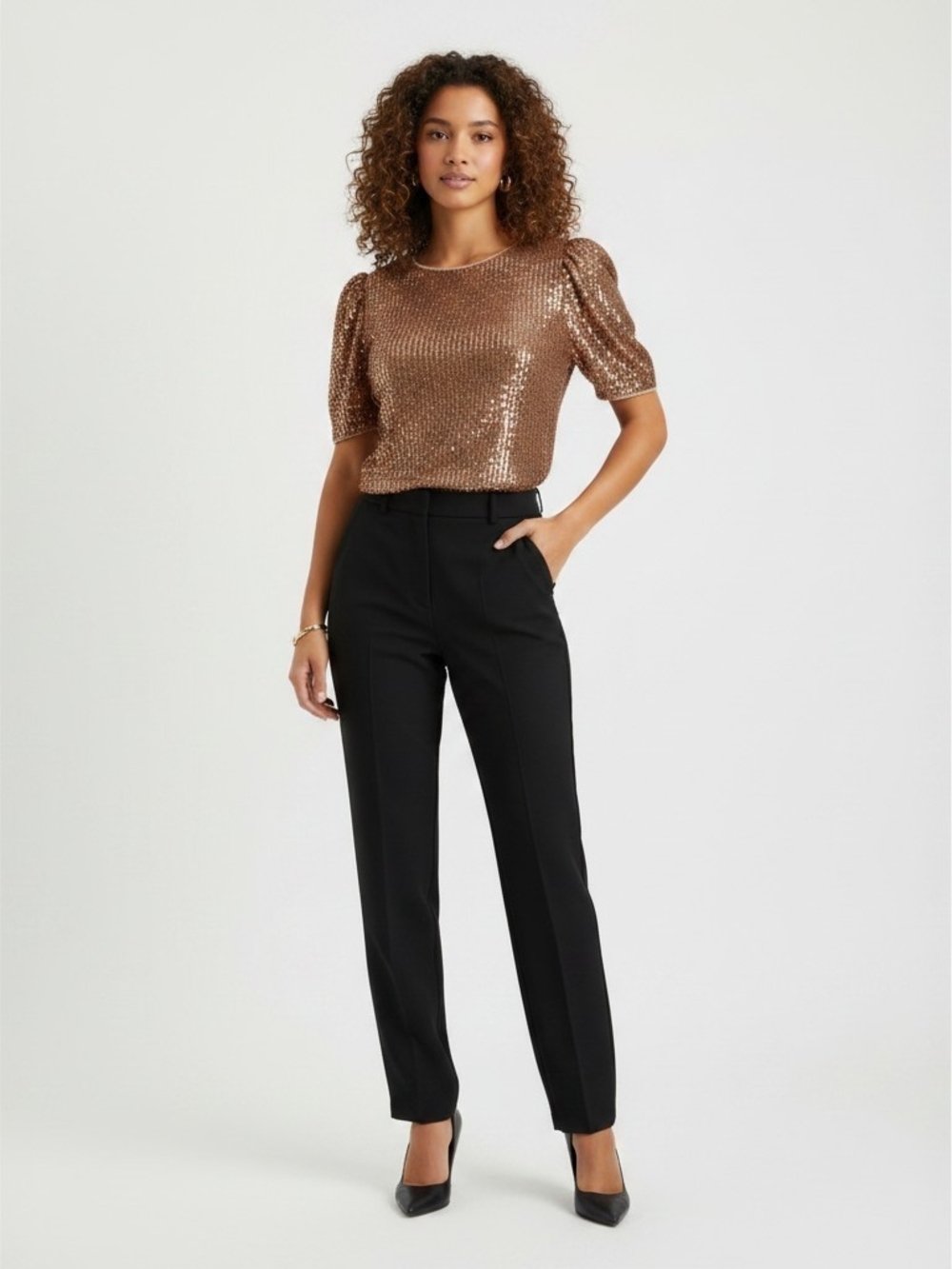 Adrianna Papell Bronze Sequin Puff-Sleeve Top